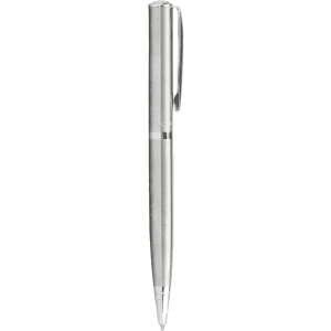 A silver metal ballpoint pen with a sleek design and clip, featuring a branding logo.