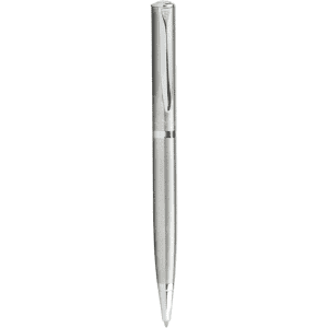 A sleek silver metal ballpoint pen with a streamlined design and a subtle branding logo.