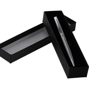 A silver ballpoint pen featured in an open black gift box with a sleek design.