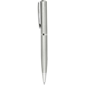 A silver metal ballpoint pen with a sleek design and a clip, featuring a branding logo.