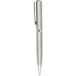 A silver metal ballpoint pen featuring a sleek design and a clip for easy attachment. Includes branding detail.