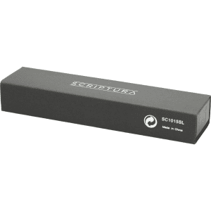 A sleek black box containing the Scriptura Striation Ballpoint Pen, featuring branding and a minimalist design.