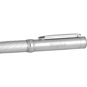 A silver ballpoint pen with a twisted design and a clip, featuring a branding element.
