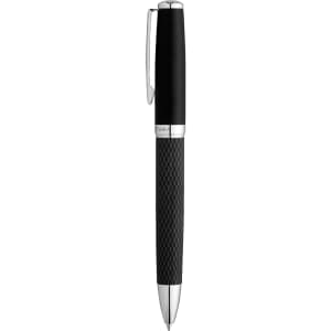 A black pen with a textured grip and silver accents, featuring a logo.