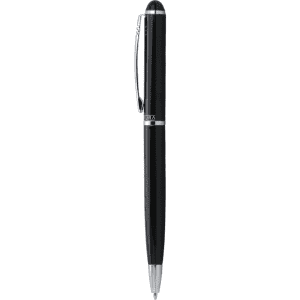 A black metal ballpoint pen with a silver clip and branding.