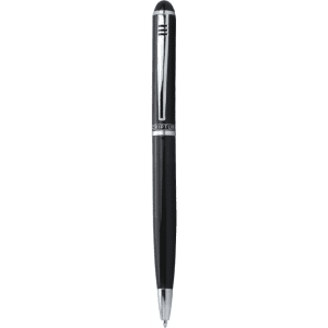 A sleek black metal ballpoint pen with a silver clip and branding.