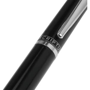 A black metal ballpoint pen with a silver clip and branding detail.