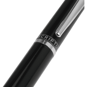 A black metal ballpoint pen with a shiny silver clip and a branding logo.