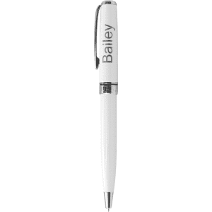 A white metal ballpoint pen with a twist action mechanism and a branding logo.