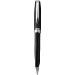 A black ballpoint pen with a twist action mechanism and silver accents, featuring a logo on the body.