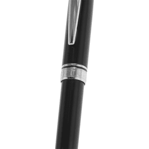 A metal ballpoint pen with a glossy black finish and a shiny silver accent, featuring a logo.