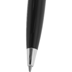 A sleek black ballpoint pen with a shiny silver tip and a metal body, featuring a logo on its surface.