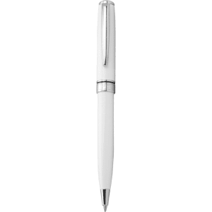 A stylish white ballpoint pen with chrome accents and a twist action mechanism. It features a logo on its surface.