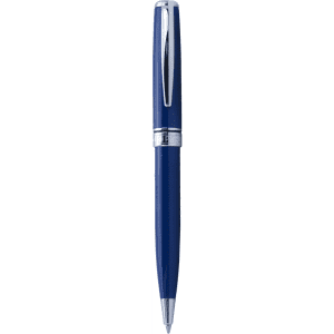 A twist action ballpoint pen in blue with chrome accents and a sleek design, featuring a logo.