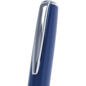 A blue metal ballpoint pen with a sleek design and a shiny clip at the top. Logo present on the surface.