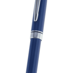 A blue metal ballpoint pen with a silver band and a clip, featuring a logo on the band.