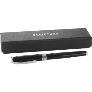 A black rollerball pen with a silver trim, presented in a sleek black box featuring a logo.