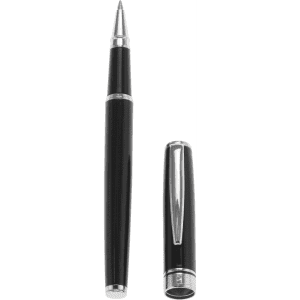 A black metal rollerball pen with silver accents, featuring a detachable cap. It has a logo on the barrel.