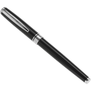A metal rollerball pen in black with silver accents and a sleek design. It features a branding logo.