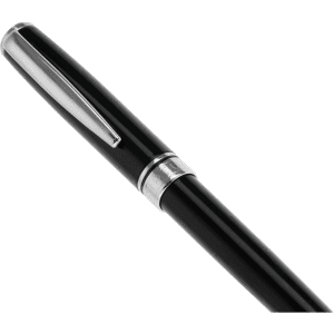A black rollerball pen with a silver clip and accents, featuring a sleek metal design and a logo.