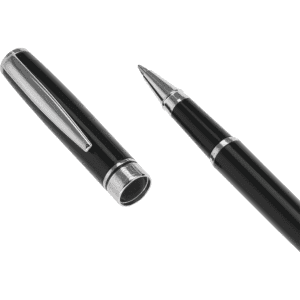 A black metal rollerball pen with a shiny silver clip and accents, featuring a sleek design and branding.