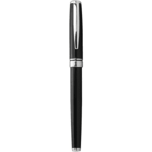 A sleek black metal rollerball pen with silver accents and a branding logo on the body.