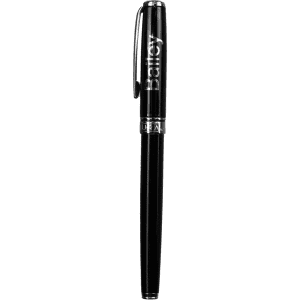 A black metal rollerball pen with a silver clip and branding on the barrel.
