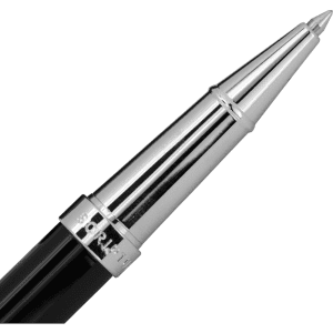 A black pen with a shiny silver tip and a branding logo on the barrel.