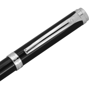 A sleek black pen with a silver clip and detailing, featuring a logo.