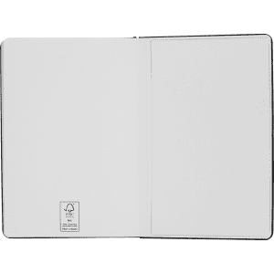 A closed black notebook with blank pages and a small logo on the inner cover.