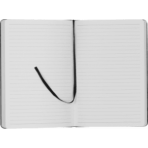 A blank lined notebook in black, featuring a ribbon marker and a sturdy cover, ideal for note-taking or journaling.
