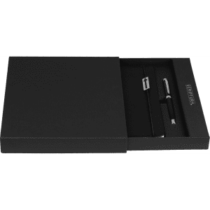A black gift set featuring a notebook and pen, presented in an elegant black box with branding.
