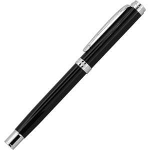 A black pen with a silver clip and accents, featuring a sleek, polished design and a branded logo.