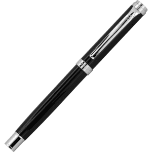 A sleek black pen with silver accents and a clip, designed for elegance in writing.