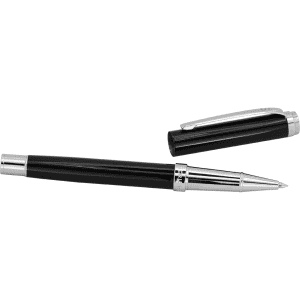 A black pen with a silver clip and accents, designed to complement the Scriptura Legato Notebook.