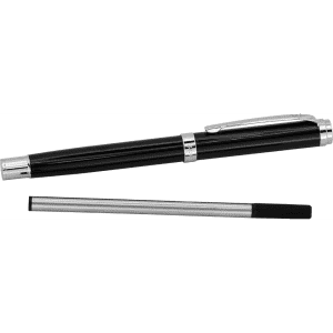 A black pen with silver accents and a separate black ink refill, packaged together as a gift set.
