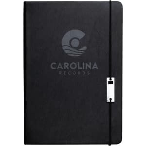 A black notebook with a textured cover and elastic closure, featuring a logo on the front.