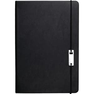 A black notebook with a textured cover and an elastic strap, featuring a silver clasp. Includes a pen.