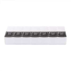 A clear, weekly pill case with black lids for each day, featuring labels for AM and PM. It has a branded logo.