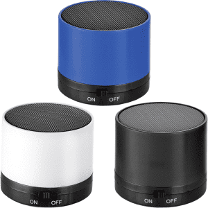 A set of three Cylinder Bluetooth Speakers in blue, white, and black, each with an on/off switch at the base.