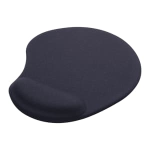 A solid black gel mouse pad with a built-in wrist rest for comfort and support. Features a smooth surface and ergonomic design.