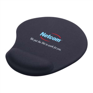 A dark grey gel mouse pad with a wrist rest, featuring a logo on the surface.