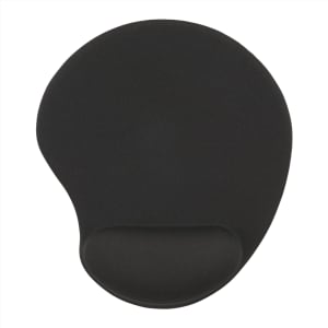 A black gel mouse pad with a built-in wrist rest, featuring a smooth surface and contoured shape.