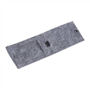A grey recycled felt luggage tag featuring a clear pocket and a button closure. Includes a branding logo.