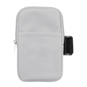A drink bottle pouch in grey, featuring a zippered compartment and an adjustable strap, with a logo present.