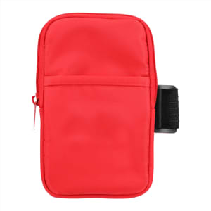 A drink bottle pouch in bright red, featuring a zippered compartment and a strap on the side. It has a logo.