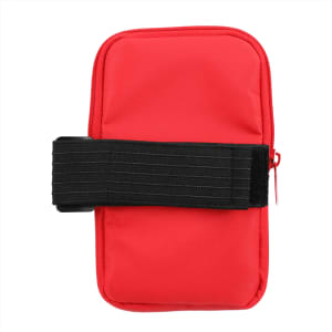 A drink bottle pouch in bright red, featuring a zip closure and a black elastic strap. It includes a logo.