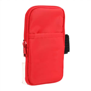 A drink bottle pouch in vibrant red with a zip closure and black strap for attachment. It features a logo.