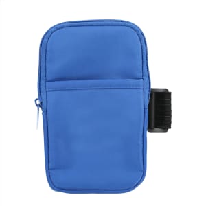A drink bottle pouch in blue, featuring a zippered compartment and an adjustable strap for secure attachment.