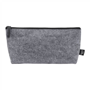 A grey felt zippered pouch with a black zipper and a small logo tag on the side.